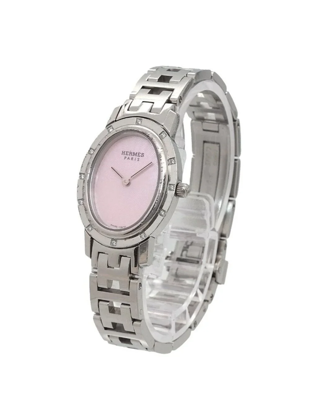 Hermes Clipper Nacre Oval Vintage Watch Diamond Bezel Quartz